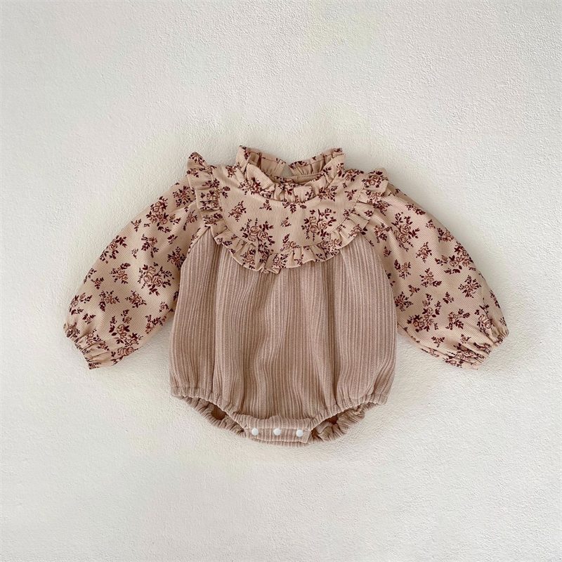 ins 秋新作　ベビー服　コーデュロイ　立ち襟　長袖　ロンパース　新生児　可愛い　おしゃれ　花柄　子供服