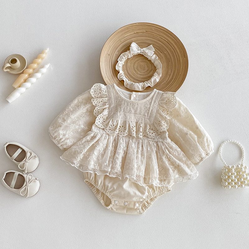 ins 秋新作　ベビー服　女の子　ヘアバンド付き　刺繍　レース　ロンパース　子供服　可愛い　おしゃれ