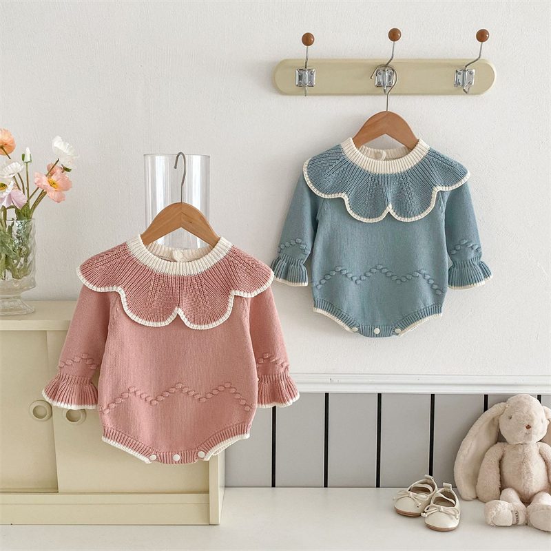 ins 秋新作 ベビー服 ラッフルカラー ニット ロンパース 子供服 女の子 かぎ編み セーター 可愛い