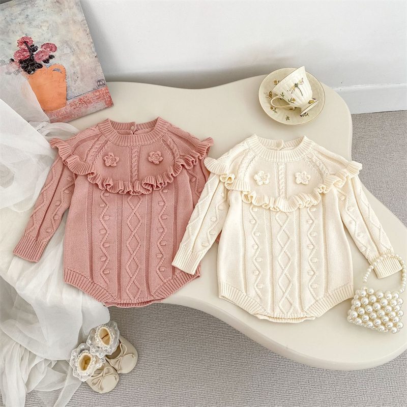 ins 秋新作　ベビー服　かぎ編み　お花柄　ニット　ロンパース　子供服　女の子　セーター　可愛い　2色