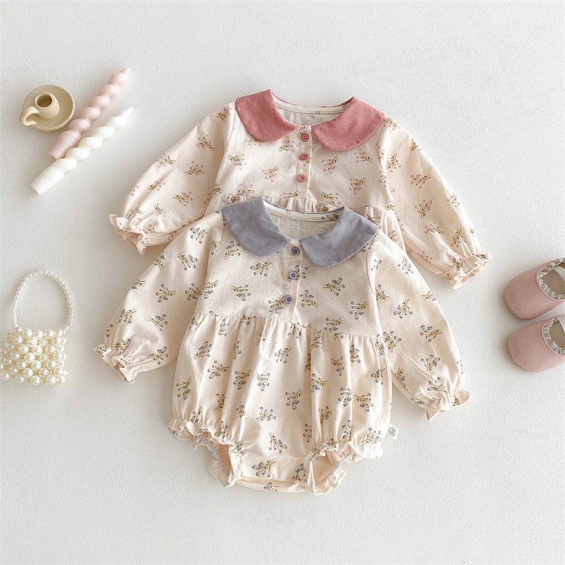 ins 秋新作 ベビー服 女の子 ピーターパンカラー 花柄 ロンパース 子供服 可愛い 柔らか 2色