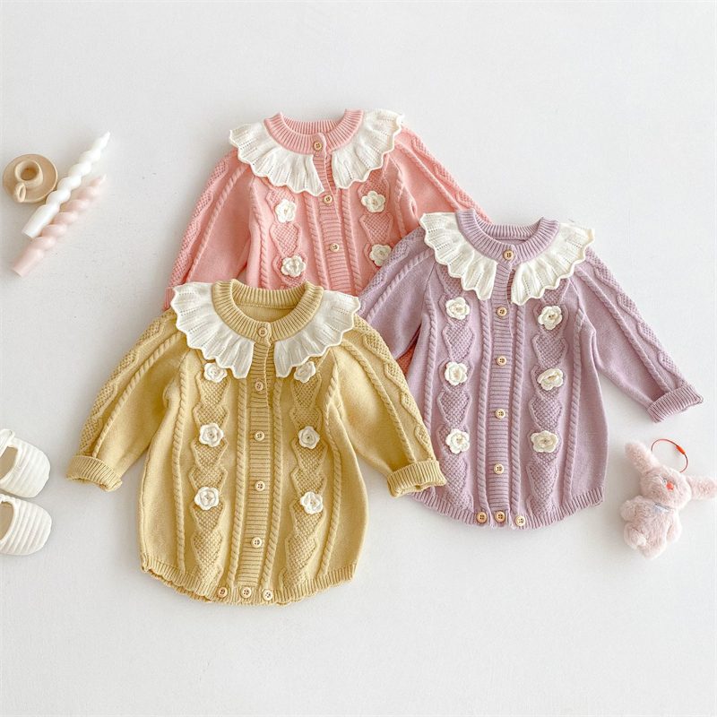 ins 秋新作　ベビー服　ラッフルカラー　ニット　ロンパース　子供服　女の子　お花付き　セーター　可愛い