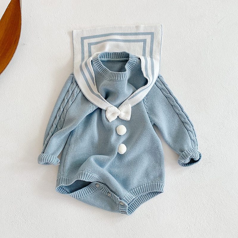 ins 秋新作 ベビー服 ニット セーラーカラー ロンパース 子供服 女の子 セーター 可愛い リボン