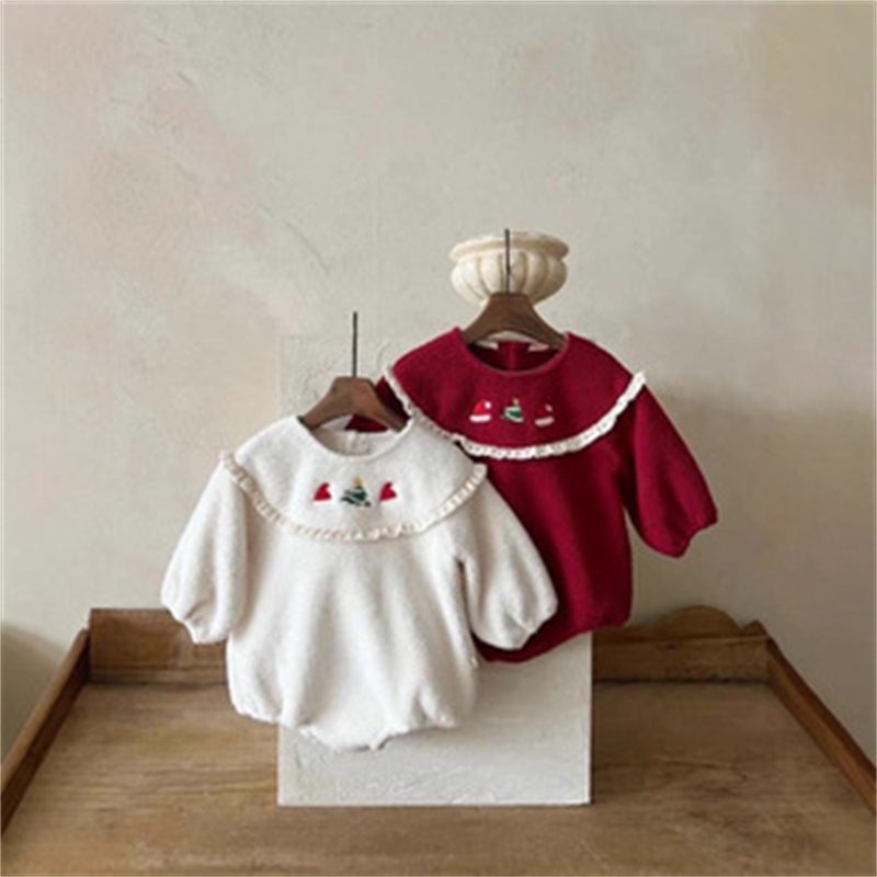 ins 秋冬新作　子供服　厚手　刺繍　ロンパース　可愛い　新生児　キッズ　クリスマス服　おしゃれ　2色