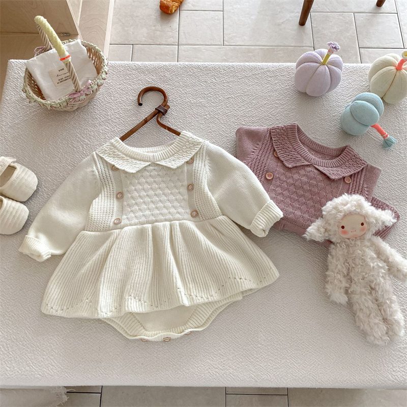 ins 秋新作　ベビー服　ピーターパンカラー　ニット　ロンパース　子供服　女の子　セーター　可愛い