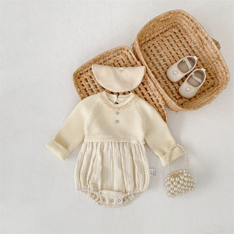 ins 秋新作　ベビー服　ニット　切り替え　ロンパース　子供服　女の子　セーター　可愛い　おしゃれ