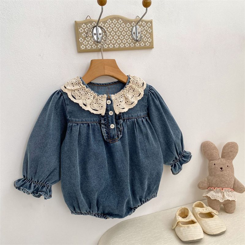 ins 秋新作　ベビー服　女の子　レースドッキング　デニム　ロンパース　可愛い　カバーオール　子供服