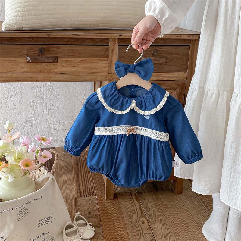 ins 秋新作　ベビー服　女の子　ヘアバンド付き　デニム　長袖　ロンパース　子供服　可愛い　おしゃれ
