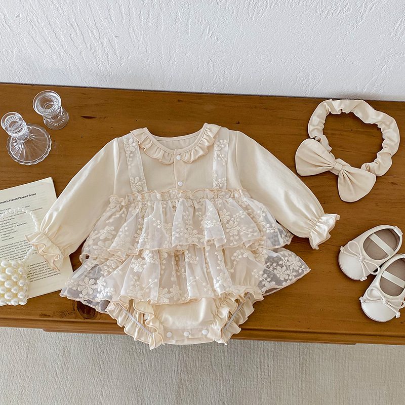 ins 秋新作　ベビー服　女の子　ヘアバンド付き　レースドッキング　ロンパース　可愛い　おしゃれ　子供服