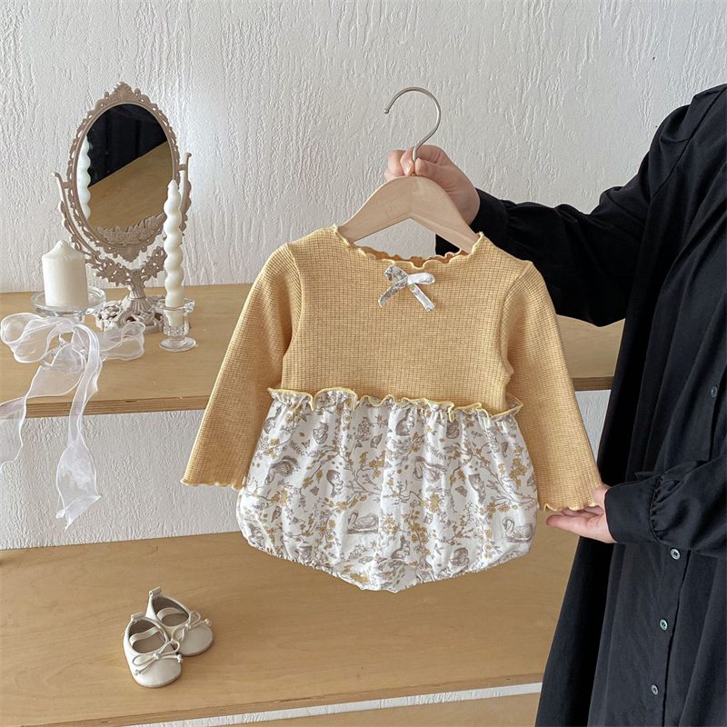 ins 秋新作　ベビー服　女の子　切り替え　花柄　ロンパース　子供服　カバーオール　可愛い　おしゃれ