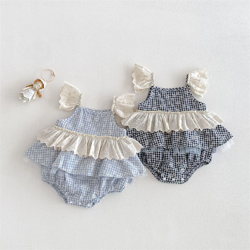 夏新作 ベビー服 女の子 レース キャミロンパース 可愛い チェック柄 おしゃれ 子供服