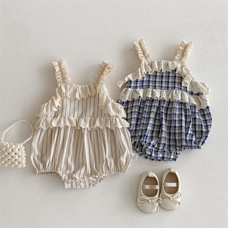 夏新作　ベビー服　女の子　レース　キャミロンパース　可愛い　チェック柄　おしゃれ　柔らか　子供服