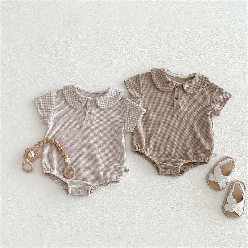 夏新作　ベビー服　新生児　ワッフル　ピーターパンカラー　半袖　ロンパース　可愛い　子供服　2色