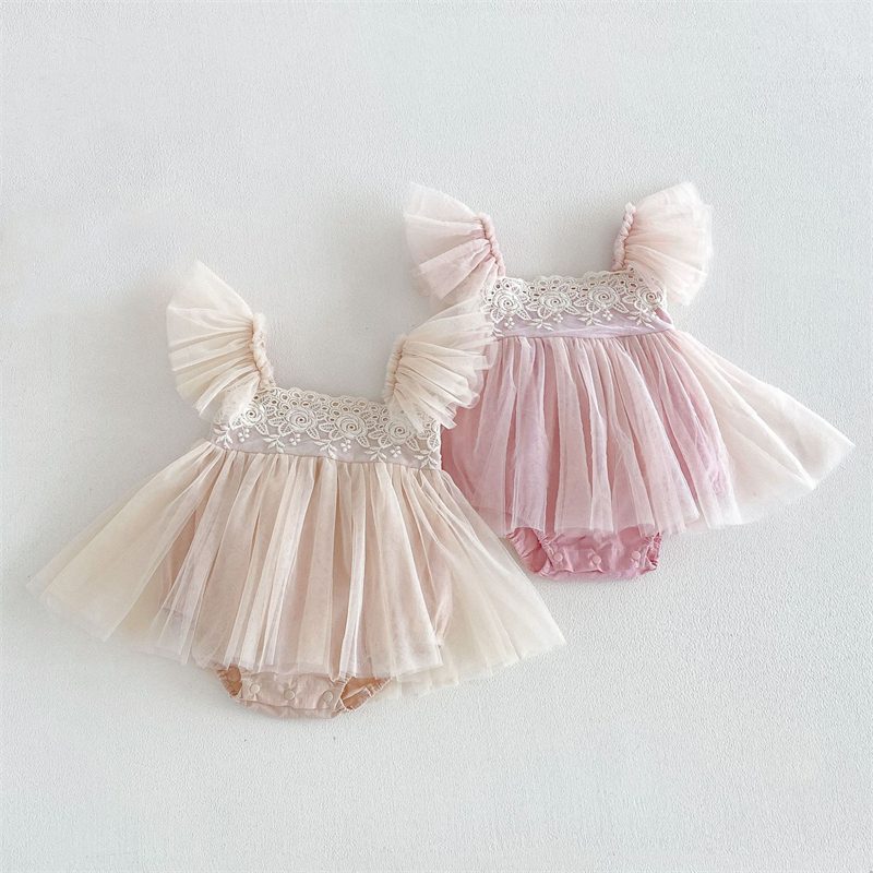 夏新作 ベビー服 チュール フラッタースリーブ ロンパース 女の子 可愛い おしゃれ 子供服