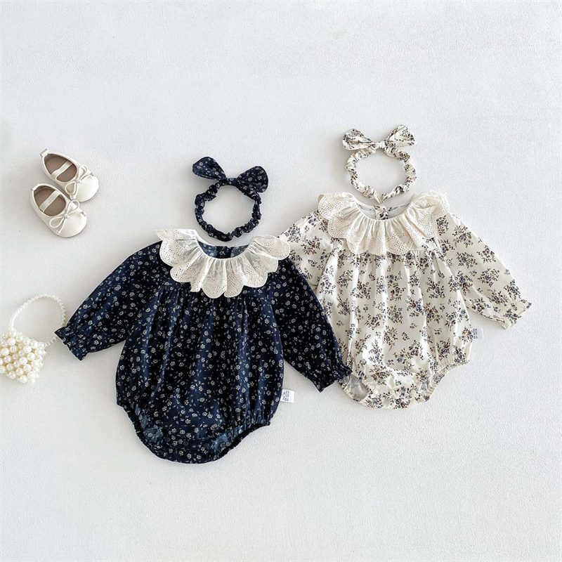 秋新作　ベビー服　女の子　ヘアバンド付き　長袖　花柄　ロンパース　可愛い　柔らか　子供服　2色