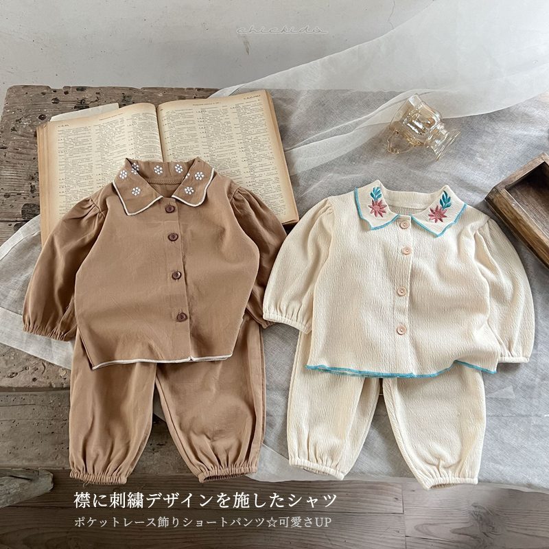 ins 秋新作　子供服　カジュア　セットアップ　花柄刺繍襟　シャツ　ポケットレース飾り　ロングパンツ