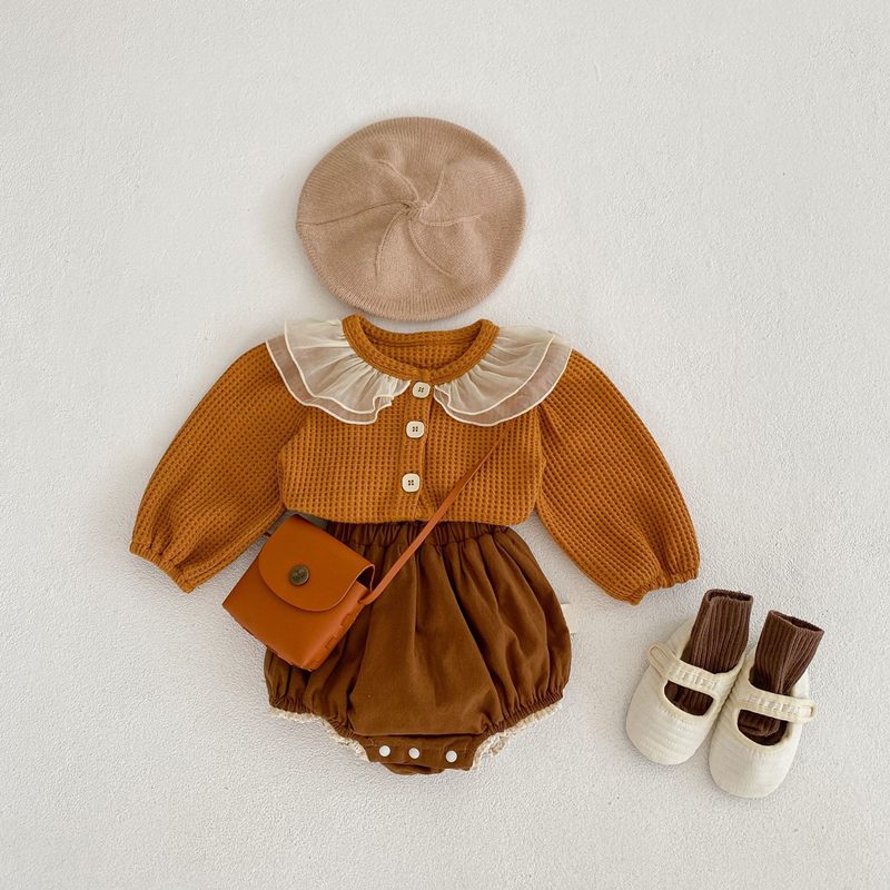 ins 秋冬新作　ベビー服　セットアップ　ワッフルシャツ　パンプキンパンツ　チュール襟　可愛い
