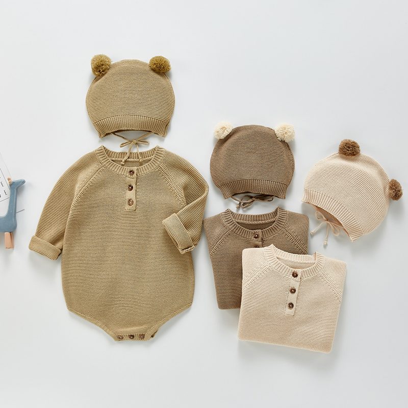 ins 秋冬新作 ベビー服 ニットロンパース 2点セット 帽子付き 可愛い ルームウェア 子供服