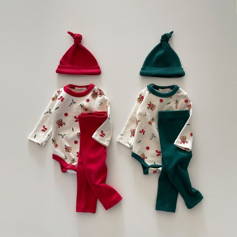 ins　秋冬新作　ベビー服　部屋着　クリスマス　3点セット　帽子　長袖ロンパース　パンツ　ルームウェア