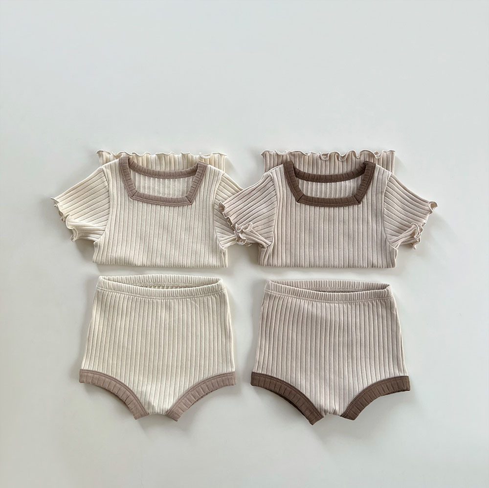 ins 夏新作 ins ベビー服 リブ セットアップ フリル トップス ショートパンツ 2点セット