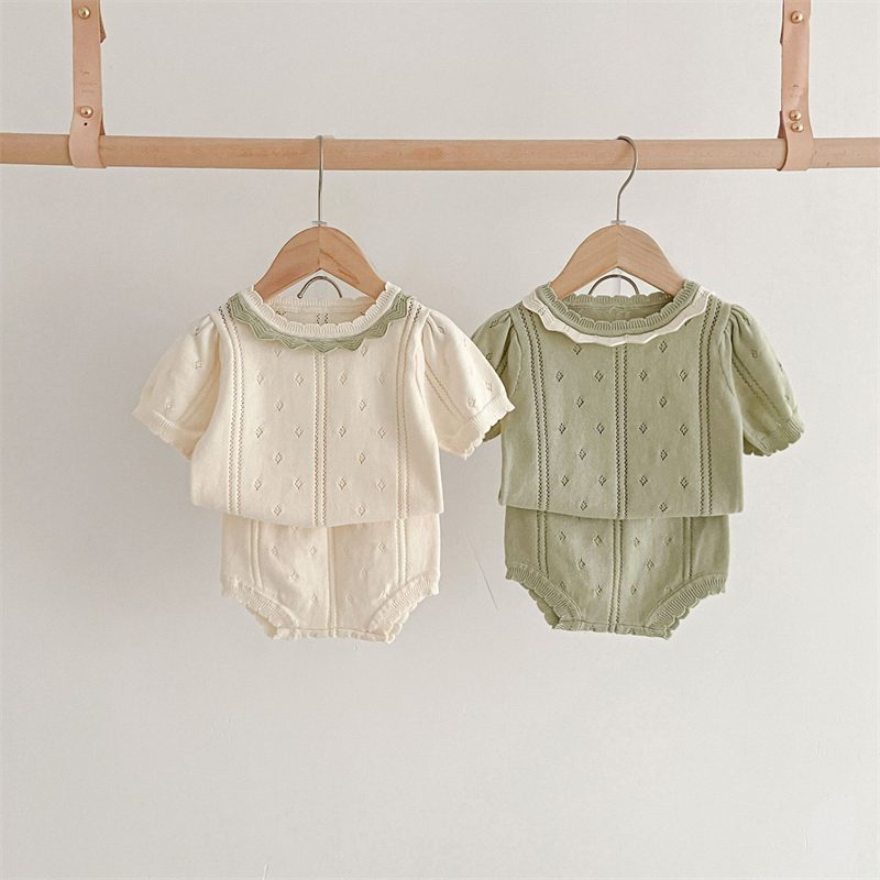 ins 夏新作　ベビー服　女の子　森ガール　ニット　セットアップ　半袖Tシャツ　ショートパンツ　2点セット