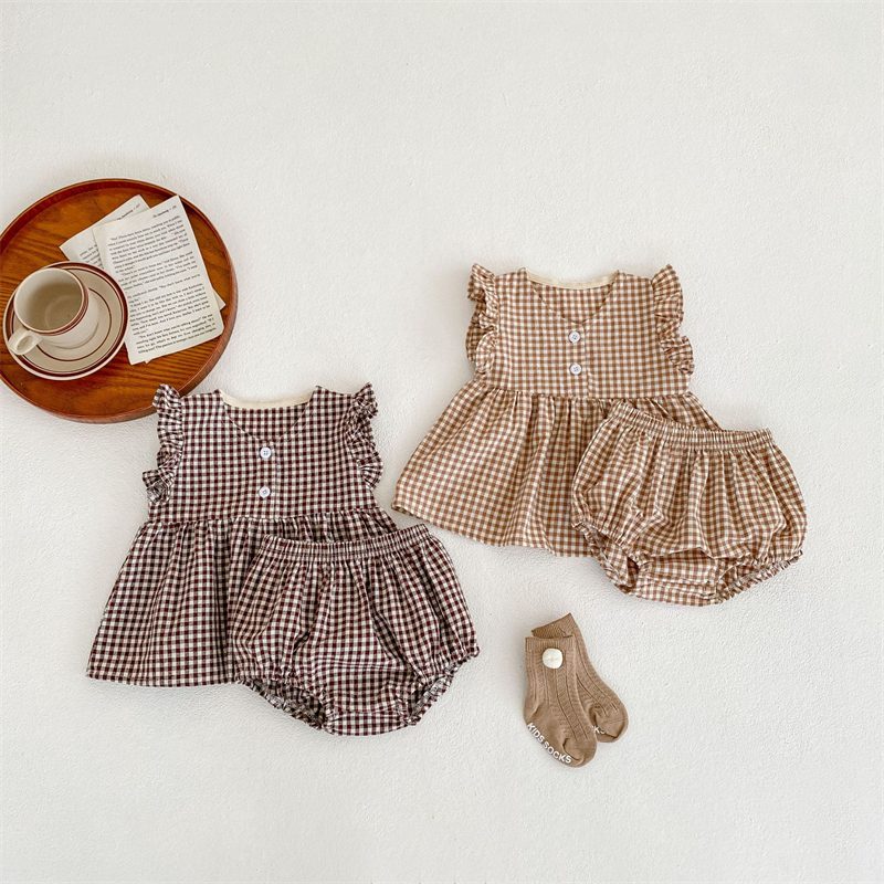 ins 夏新作 ベビー服 女の子 チェック柄 フラッタースリーブ セットアップ ブラウス ブルマー