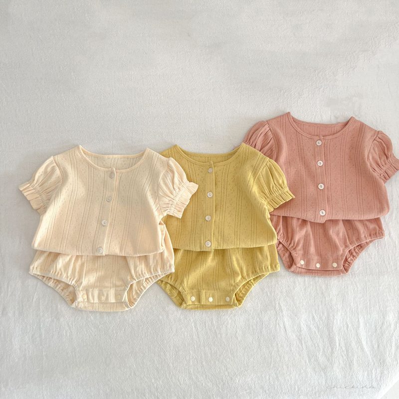 ins 夏新作　ベビー服　ニット　セットアップ　Tシャツ　ショートパンツ　カジュアル　可愛い　透かし雕り