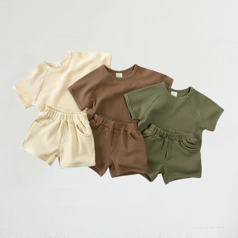 夏新作 ins ベビー服 ワッフル セットアップ Tシャツ ショートパンツ カジュアル 無地 2点セット