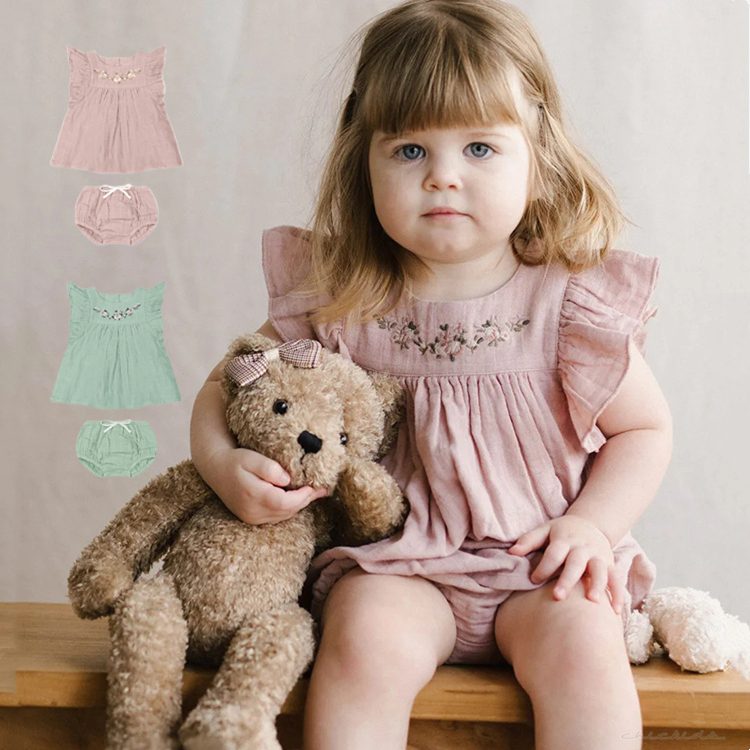 ins 夏新作 欧米風 ベビー服 女の子 刺繍 ワンピース ショートパンツ セットアップ カジュアル