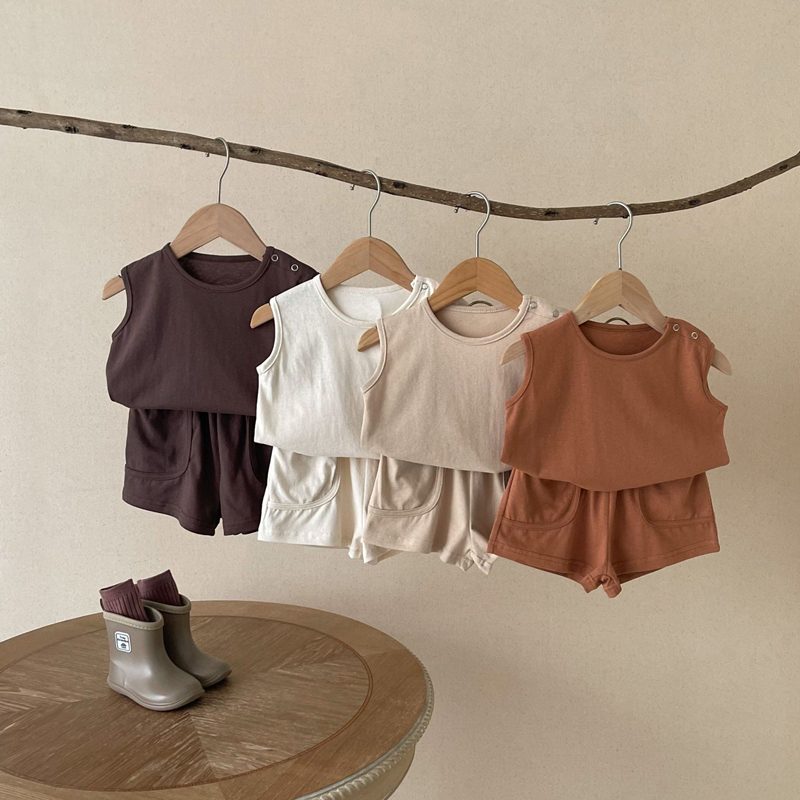 ins 夏新作　綿麻　ベビー服　セットアップ　Tシャツ　ショートパンツ　ノースリーブ　無地　カジュアル
