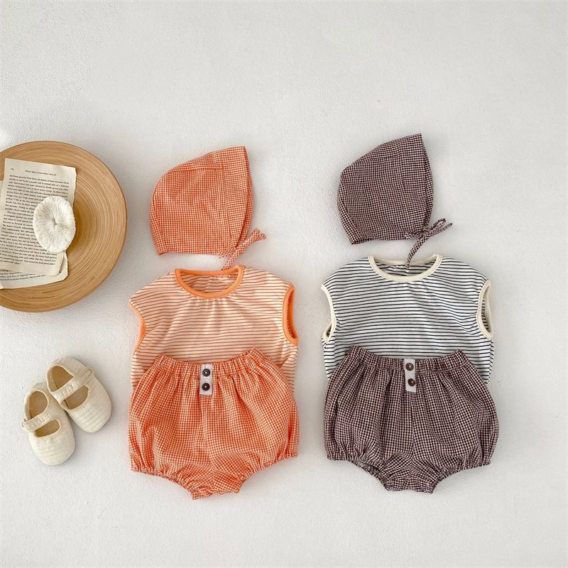 ins 夏新作 ベビー服 男女兼用 セットアップ Tシャツ ブルマー 可愛い 子供服 ボンネット付き