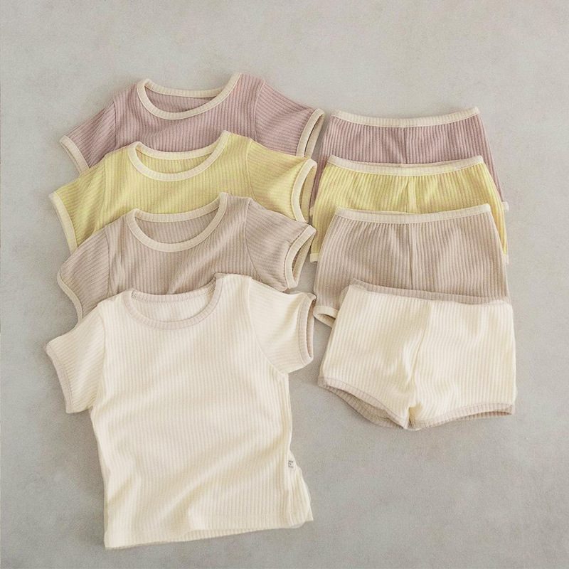 ins 夏新作　ベビー服　リブ　Tシャツ　ショートパンツ　2点セット　無地　柔らかい　子供服　可愛い