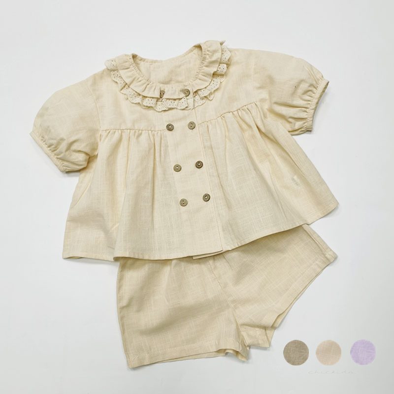 ins 夏新作　ベビー服　女の子　セットアップ　半袖　ブラウス　ショートパンツ　子供服　可愛い　綿麻風