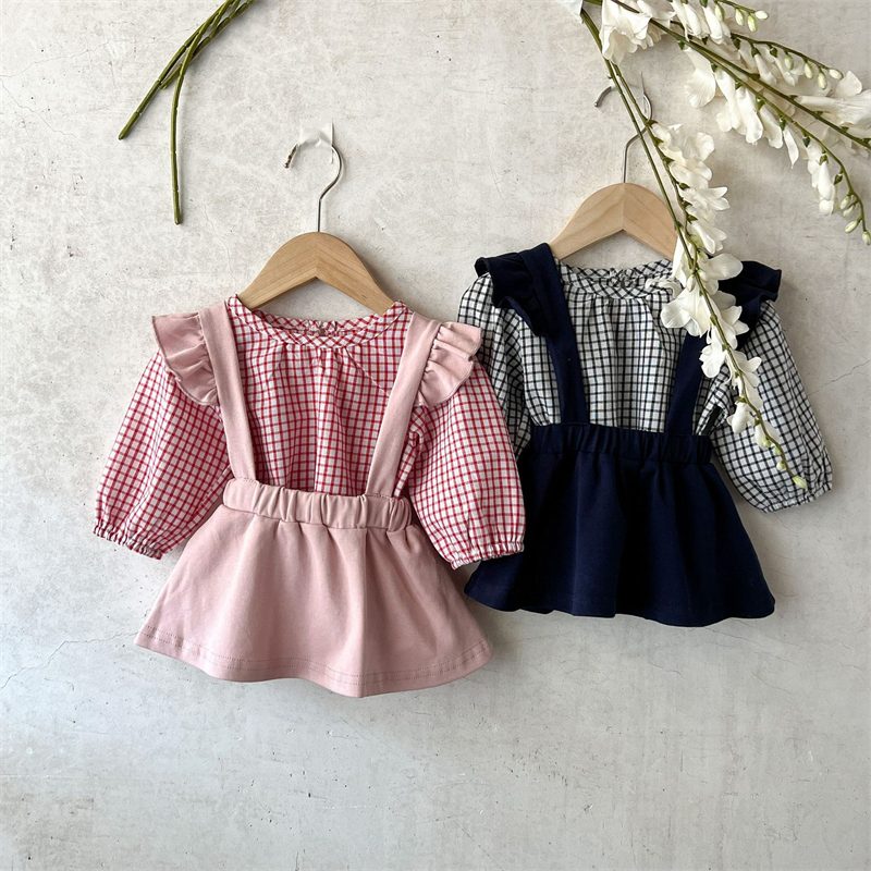 ins 秋新作　ベビー服　女の子　シャツ＋スカート　長袖　チェック柄　カジュアル　セットアップ　子供服