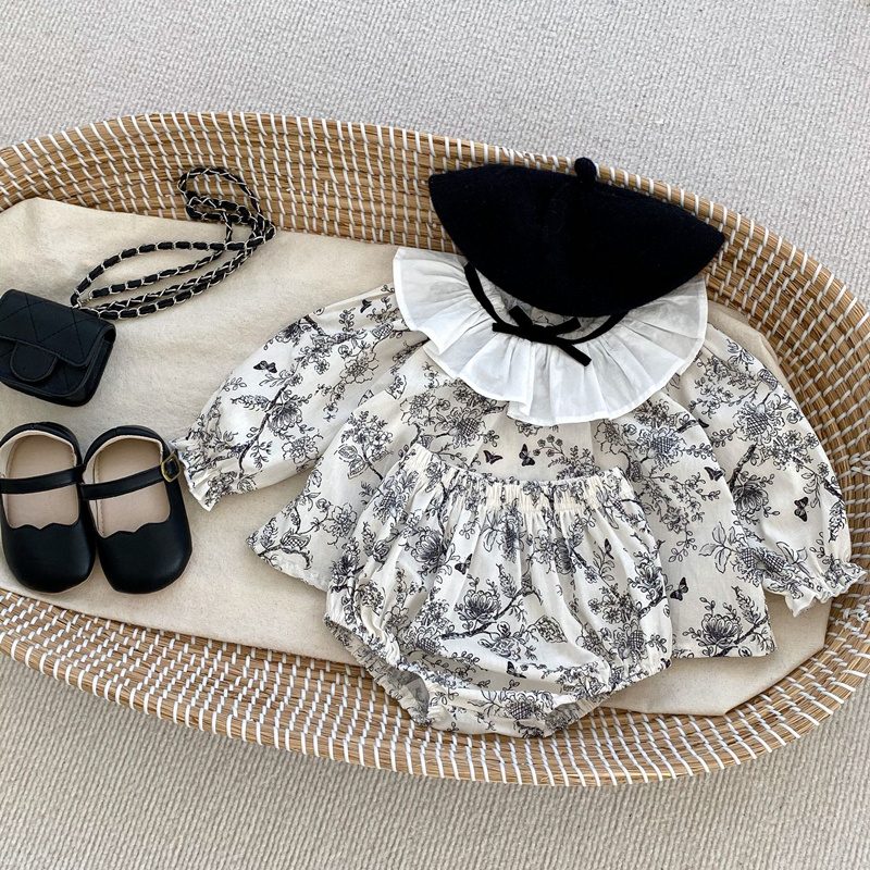 ins 秋新作 ベビー服 セットアップ 女の子 花柄 ラッフル襟 シャツ+ブルマー 可愛い おしゃれ