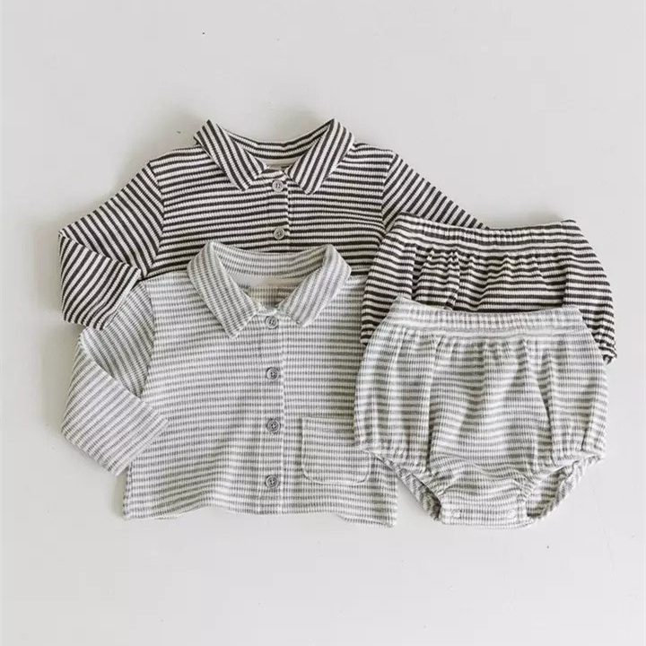 ins 秋新作　ベビー服　セットアップ　ワッフル　トップス　ショートパンツ　カジュアル　ストライプ柄