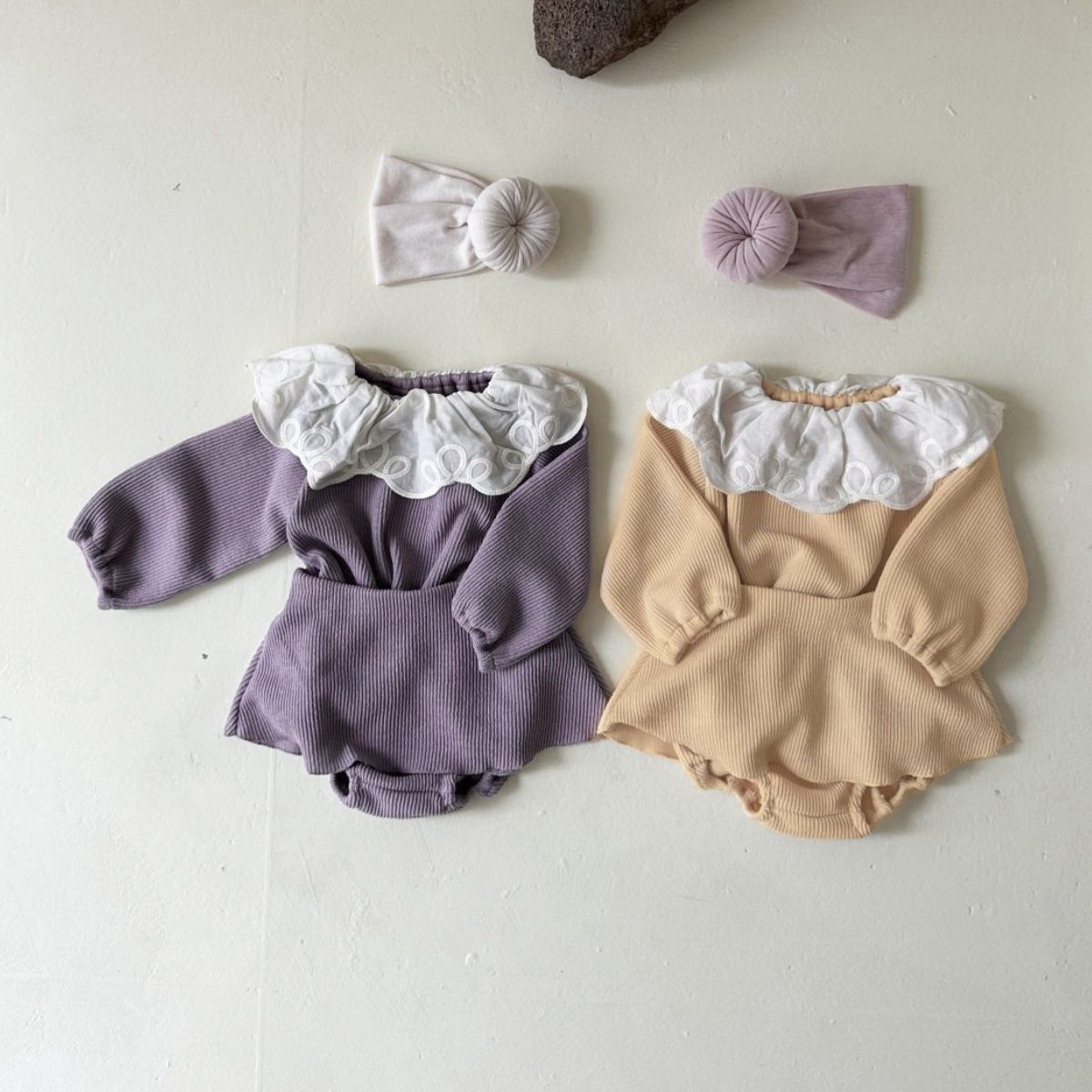 ins 秋新作 ベビー服 リブ セットアップ 長袖Tシャツ ブルマー 無地 子供服 可愛い レース