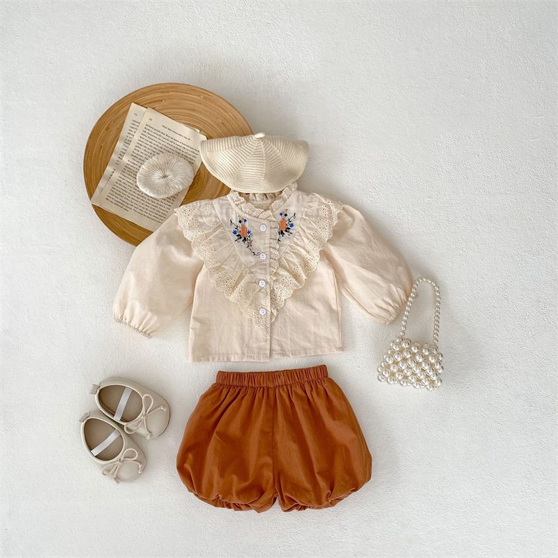 ins 秋新作 ベビー服 女の子 セットアップ レースシャツ ブルマー 刺繍 おしゃれ 子供服 可愛い