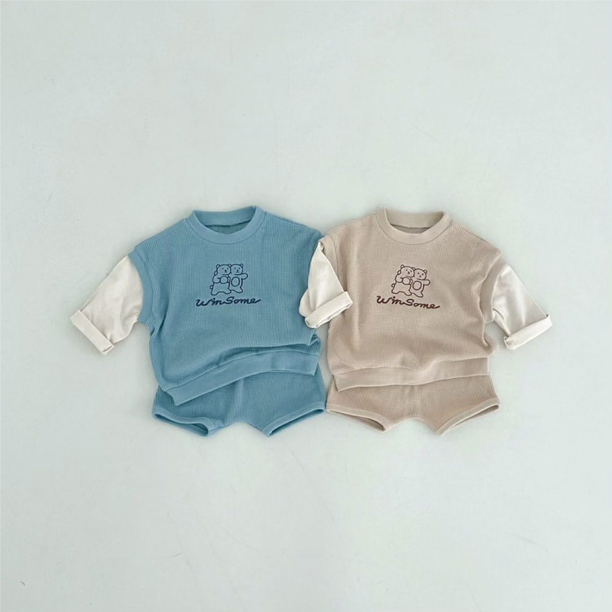 ins 秋新作 ベビー服 セットアップ フェイクレイヤード Tシャツ&ショートパンツ ワッフル 可愛い