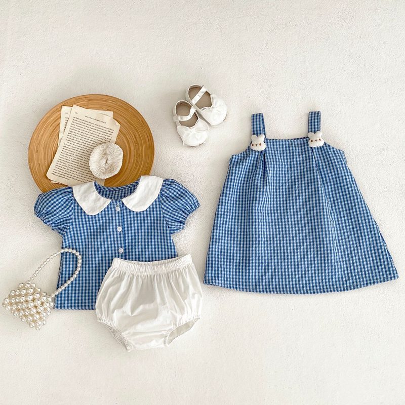 ins 夏新作　ベビー服　女の子　セットアップ　チェック柄シャツ　ブルマー　おしゃれ　子供服　可愛い