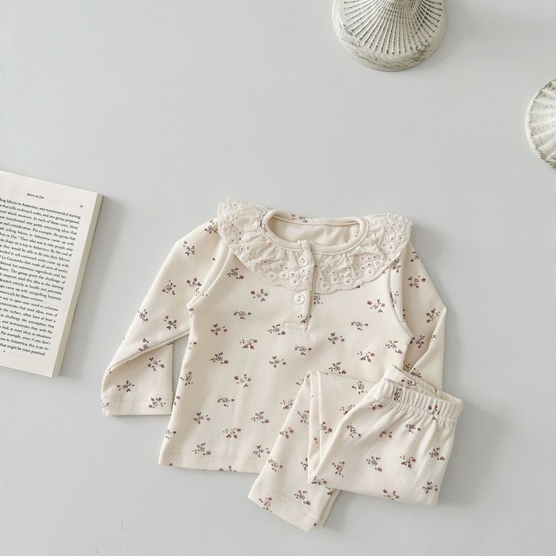 ins 秋新作 ベビー服 女の子 セットアップ ラッフル襟 Tシャツ&ロングパンツ 花柄 部屋着 可愛い