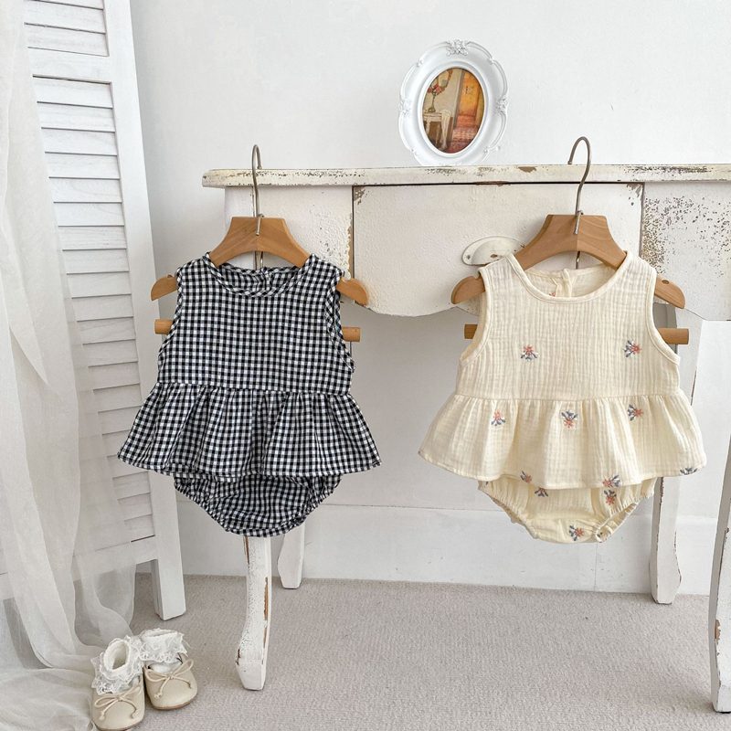 ins　夏新作　ベビー服　女の子　半袖　セットアップ　チェック柄　トップス　ブルマー　子供服　可愛い