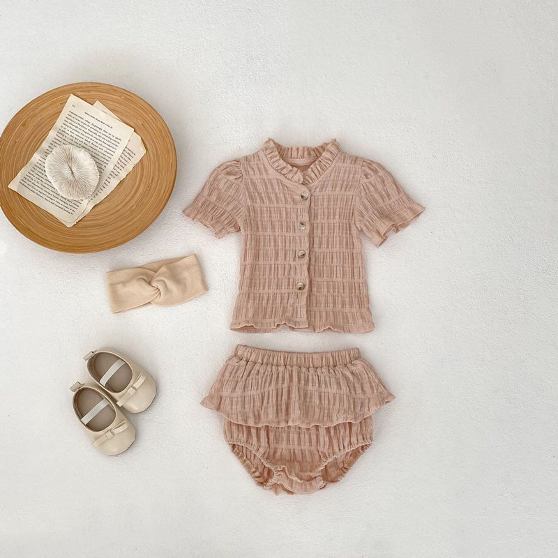 ins 夏新作　ベビー服　女の子　しわしわ　セットアップ　半袖シャツ　ブルマー　子供服　可愛い　柔らか