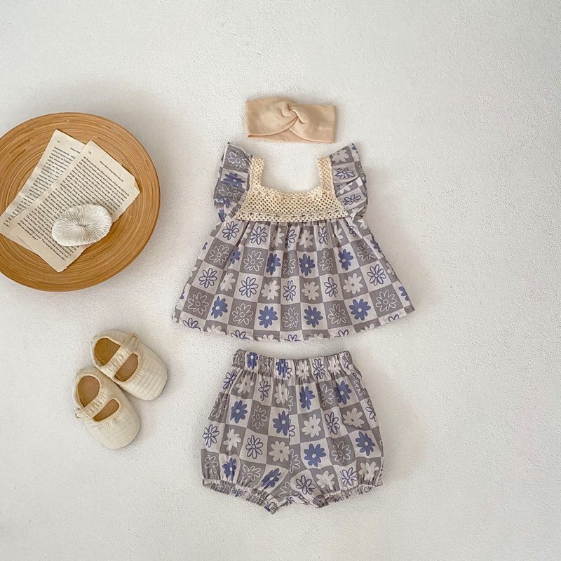 ins 夏新作　ベビー服　女の子　セットアップ　スクエアネック　チョッキ　ショートパンツ　子供服　可愛い