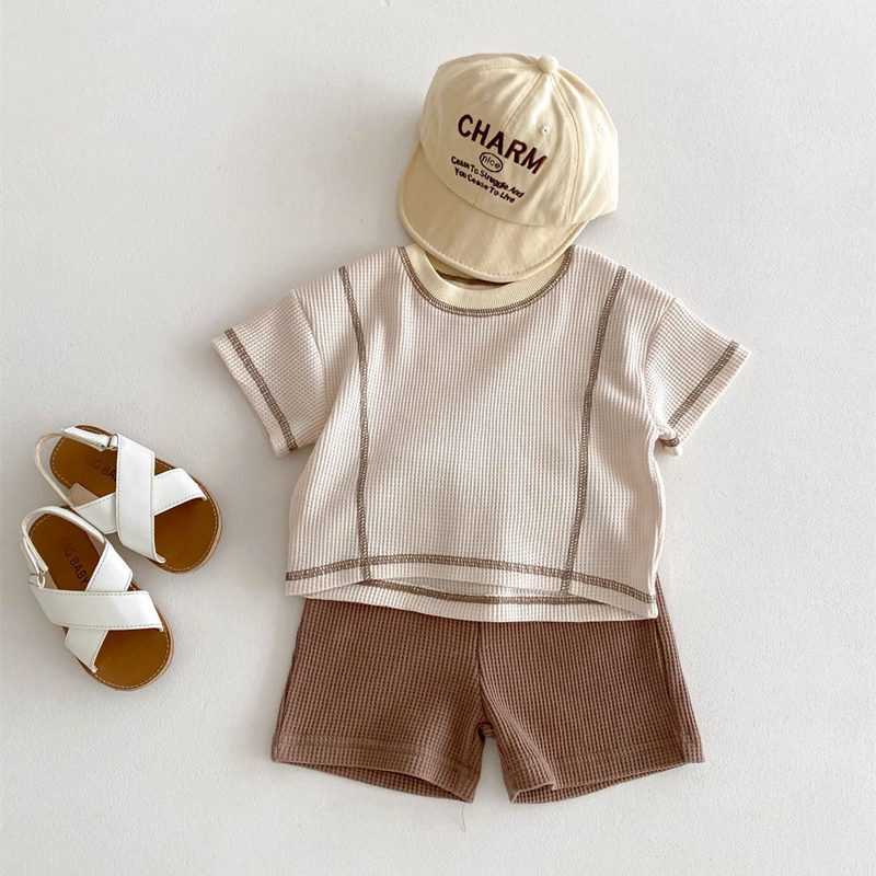 ins 夏新作　ベビー服　ワッフル　セットアップ　Tシャツ　ショートパンツ　子供服　可愛い　おしゃれ