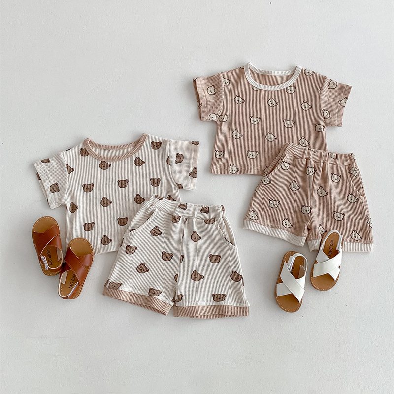 ins 夏新作　ベビー服　ワッフル　クマ　セットアップ　Tシャツ　ショートパンツ　子供服　可愛い　柔らか
