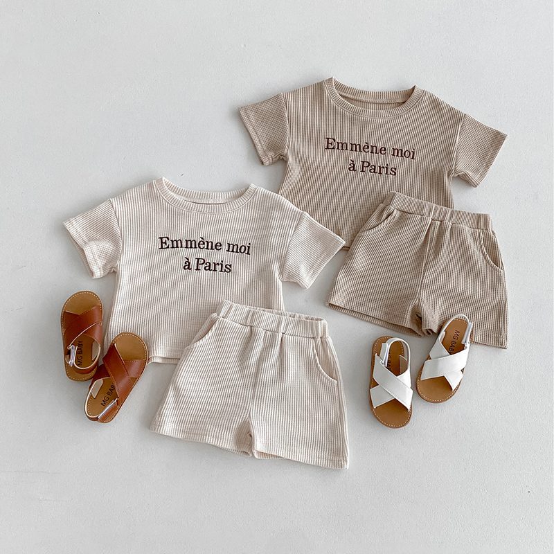ins 夏新作　ベビー服　ワッフル　セットアップ　Tシャツ　ショートパンツ　子供服　可愛い　おしゃれ