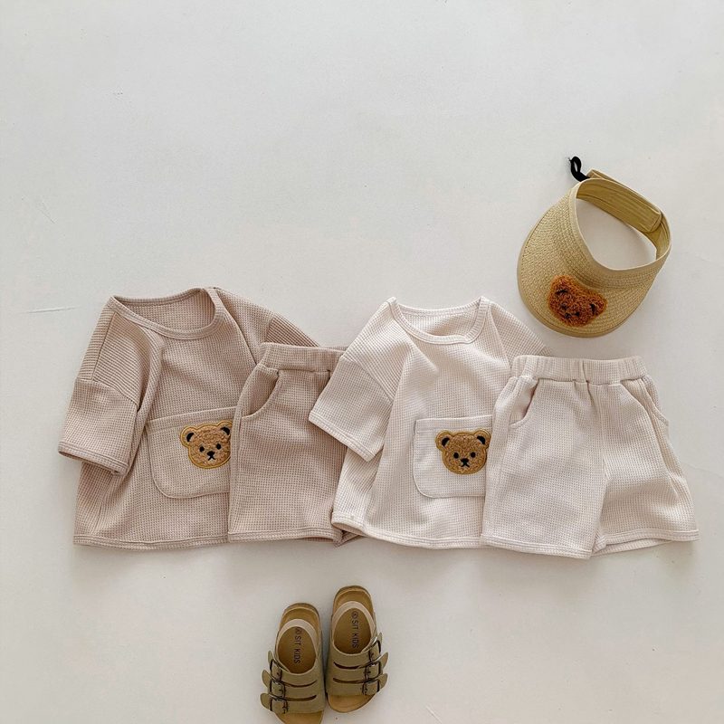 ins 夏新作　ベビー服　ワッフル　クマ　セットアップ　半袖　Tシャツ　ショートパンツ　子供服　可愛い