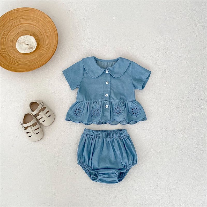ins 夏新作　ベビー服　女の子　デニム　セットアップ　刺繍　半袖 シャツ　ブルマー　可愛い　子供服