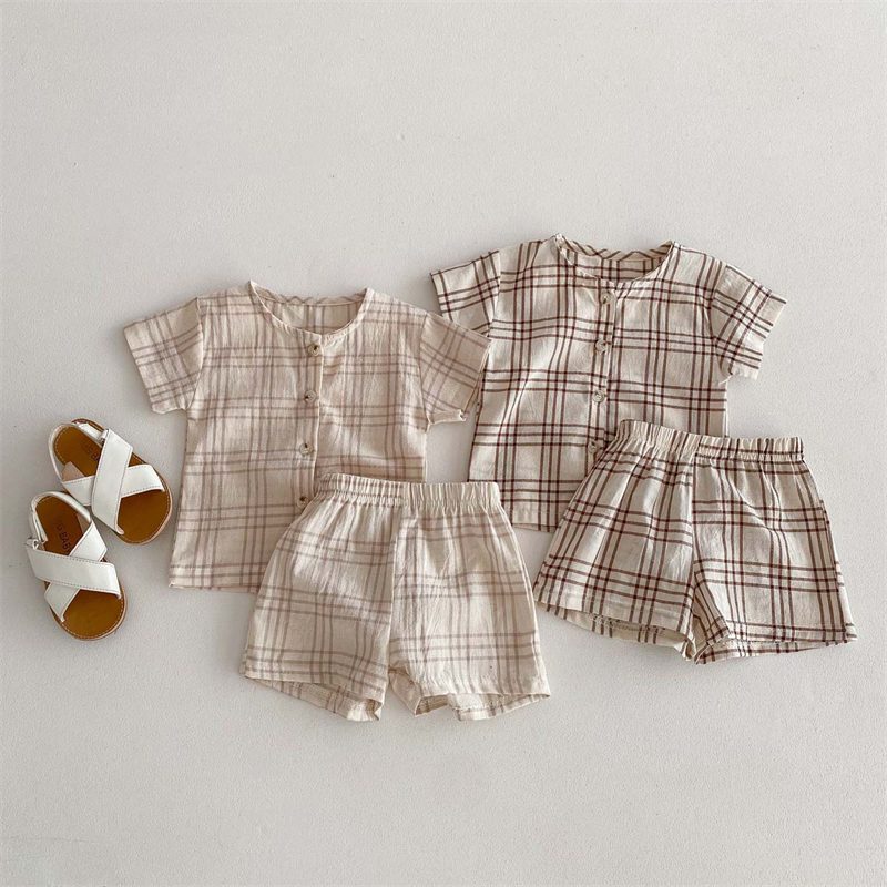 ins 夏新作 子供服 チェック柄 クルーネック セットアップ 半袖シャツ ハーフパンツ 子供服 可愛い